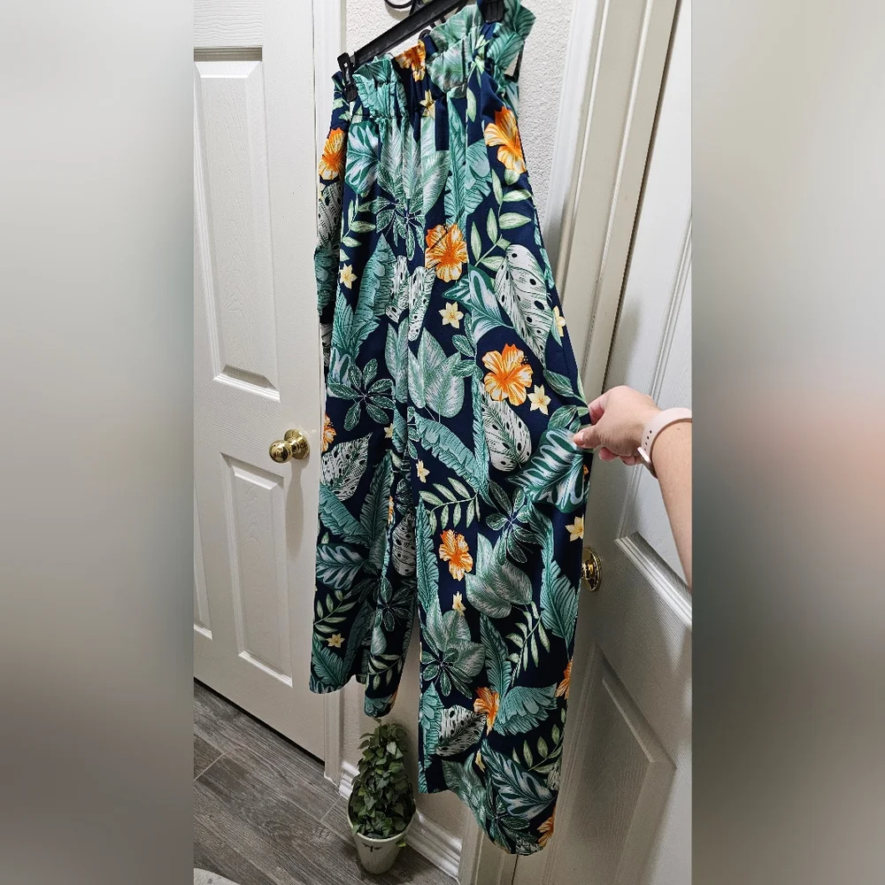 Floral Elastic Waist Wide Legged Pants Size 1X Removable Belt Navy & Green EUC - Picture 4 of 9